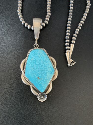 Men's Navajo Pearls Necklace with Blue Kingman Turquoise Pendant | Sterling Silver | Native American | 13255