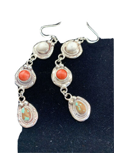 Navajo Spiny, Turquoise & Howlite Dangle Earrings | Sterling Silver | Authentic Native American Handmade | 01620