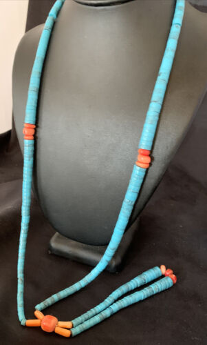 Southwestern Santo Domingo Pink Coral Blue Turquoise Jacla Necklace | 30" | Authentic Native American Handmade | 12518