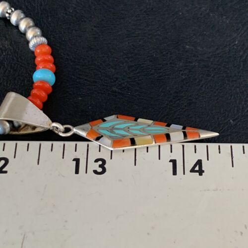 Navajo Blue Turquoise Coral Pendant Necklace | Sterling Silver Inlay | Authentic Native American Handmade | 13840