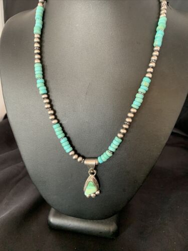 Men's Blue Turquoise Pendant Necklace | Navajo Pearls | Sterling Silver | Authentic Native American Handmade | 13202