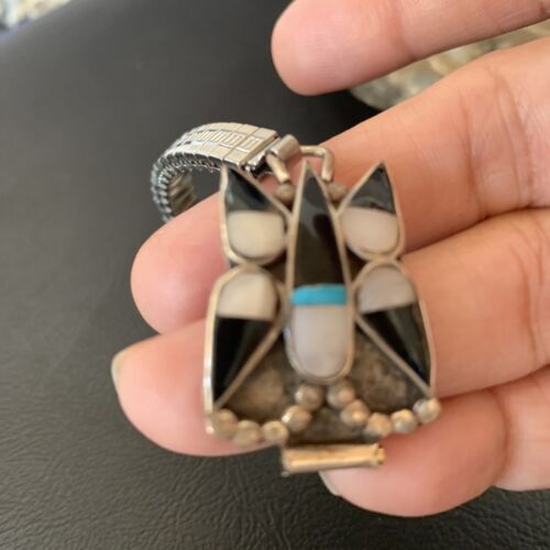 Navajo Sterling Silver Watch Tips | Old Pawn Turquoise Onyx Mother of Pearl Inlay | Authentic Native American Jewelry | 11929 - Masha USA