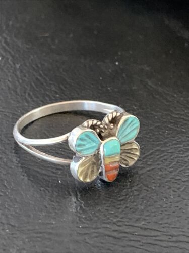 Navajo Blue Turquoise Butterfly Ring | Authentic Native American Sterling Silver | Multi-Stone | Sz 7.5 | 10785