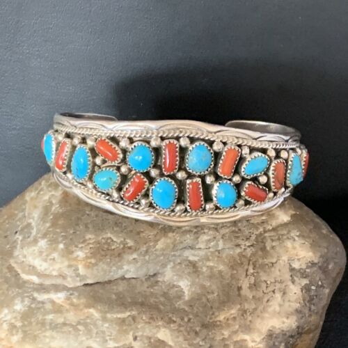 Navajo Kingman Turquoise Coral Cuff Bracelet | Sterling Silver | Authentic Native American Handmade | 14221