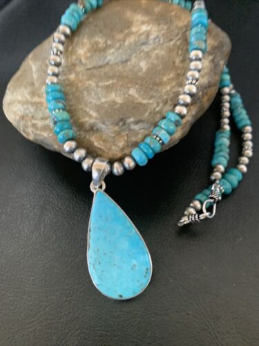 Navajo Pearl Necklace with Blue Kingman Turquoise Pendant | Sterling Silver | 11690