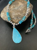 Navajo Pearl Necklace with Blue Kingman Turquoise Pendant | Sterling Silver | 11690