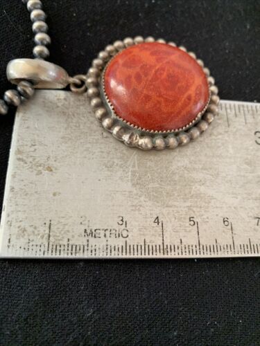 Native American Men's Navajo Red Apple Coral Pendant Necklace | Sterling Silver | 1314