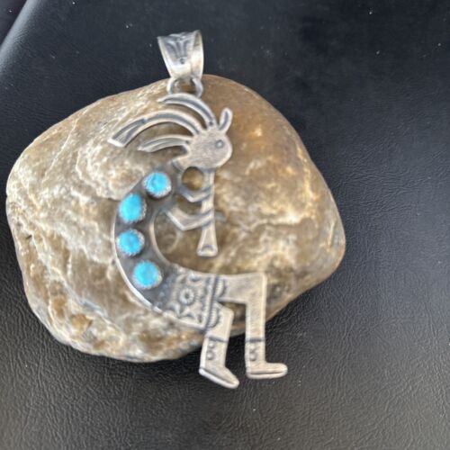Navajo Kingman Turquoise Tufa Cast Kokopelli Pendant | Authentic Native American Sterling Silver | Multi-Stone | 14230