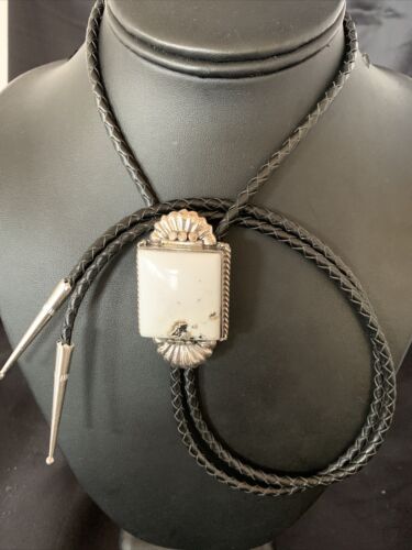 Navajo White Buffalo Turquoise Bolo Tie | Sterling Silver | Authentic Native American Handmade | 12905