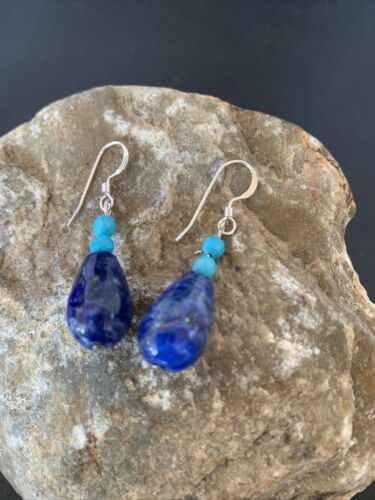 Navajo Lapis Lazuli Turquoise Bead Dangle Earrings | Sterling Silver | Authentic Native American Handmade | 1541