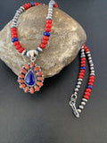 Navajo Red Stabilized Coral Lapis Necklace Cluster Pendant | Sterling Silver | Multi-Stone | 10633