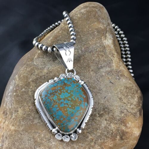 Navajo Blue #8 Turquoise Pendant | Sterling Silver | 3" | Authentic Native American Handmade | 10157