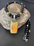 Men's Navajo Pearls Onyx Bumblebee Jasper Necklace Pendant | Sterling Silver | Native American Handmade | 10326