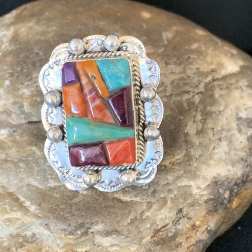 Navajo Sterling Silver Red Spiny Oyster Corn Inlay Ring | Sz 8.5 | Multi-Color | 13719