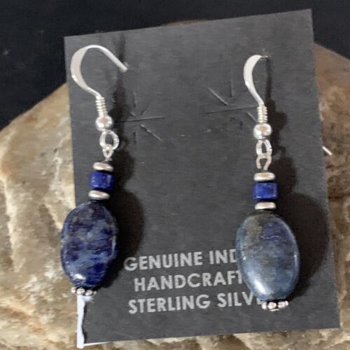 Navajo Lapis Lazuli Bead Dangle Earrings | Sterling Silver | 1" | Authentic Native American Handmade | 13329