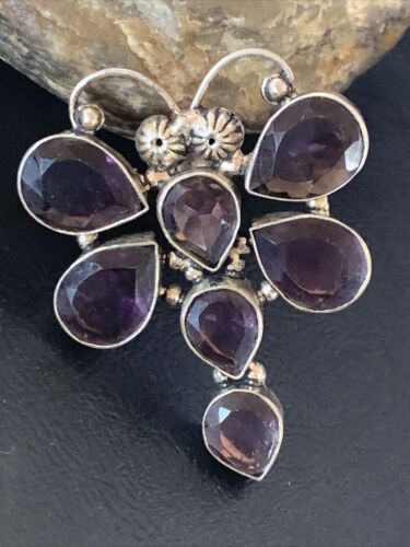Navajo Dragonfly Pendant | Faceted Amethyst Gems Cluster | Authentic Native American Sterling Silver | Multi-Stone | 2.2" | 12738