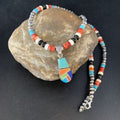 Navajo Blue Turquoise Inlay Pendant Necklace | Sterling Silver | Authentic Native American Handmade | 13865