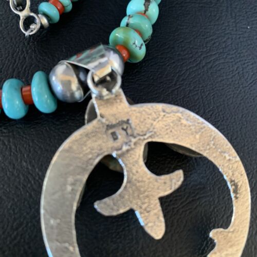 Navajo Sterling Silver Necklace | Blue Turquoise & Coral Naja Pendant | Authentic Native American Handmade | 13747