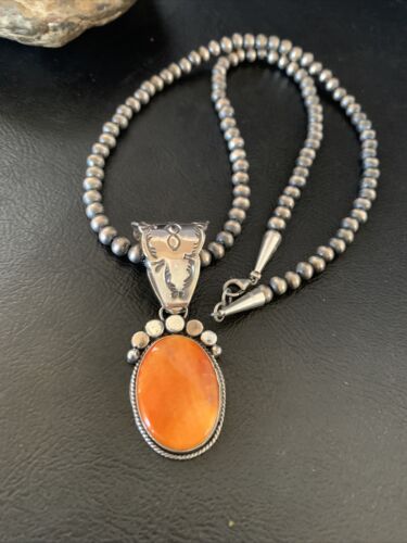 Navajo Orange Spiny Oyster Pendant Necklace | Sterling Silver | Authentic Native American Handmade | 13081