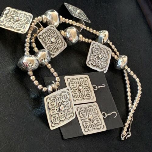 Navajo Square Blue Naja Necklace Set | Authentic Native American Sterling Silver | Handmade Stamped | 10767
