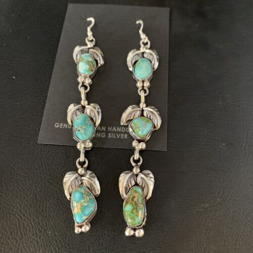 Navajo Sonoran Gold Turquoise Earrings | Sterling Silver | 3 Dangle | Authentic Native American Handmade | 13923
