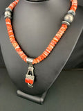 Navajo Red Spiny Oyster Pendant Necklace | Sterling Silver | Authentic Native American Handmade | 4784