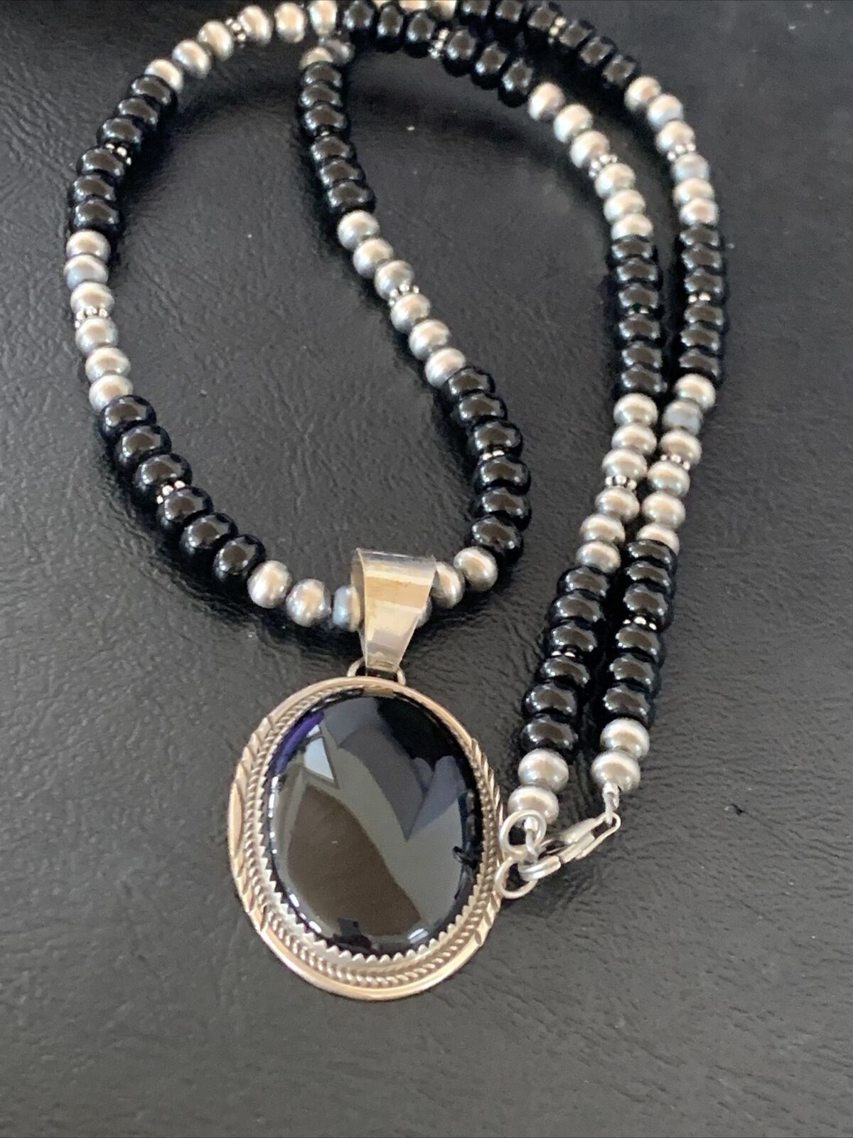 Native American Men's Navajo Pearl Necklace Pendant | Sterling Silver Black Onyx | 11742