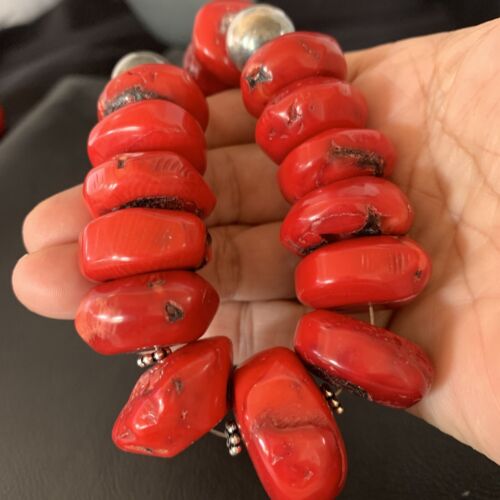 Navajo Red Coral Bead Necklace | Sterling Silver | Graduated 21" | Authentic Native American Jewelry | 13160