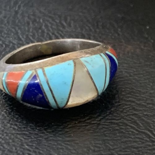 Navajo Multi-Color Turquoise Lapis Coral Mother of Pearl Inlay Ring | Sterling Silver | Sz 7.5 | 12398