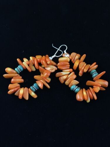 Navajo Orange Coral Turquoise Earrings Set | Sterling Silver | Authentic Native American Handmade | 1776