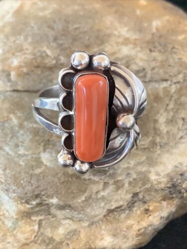 Navajo Red Coral Ring | Sterling Silver | Sz 9.5 | Authentic Native American Handmade | 01300