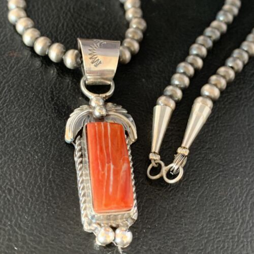 Navajo Red Spiny Oyster Square Pendant Necklace | Sterling Silver | Authentic Native American Handmade | 13635