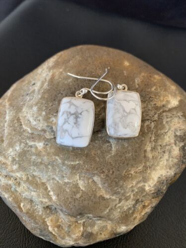 Navajo Sterling Silver White Howlite Black Dangle Rectangle Earrings | 0.75" | 12072
