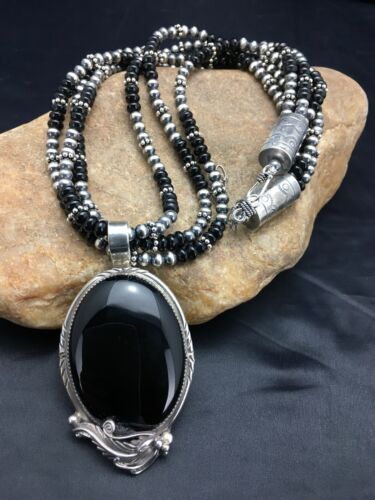 Navajo Pearls Sterling Silver Black Onyx Necklace | 3 Strand Pendant | 23" | Authentic Native American Handmade | 1012