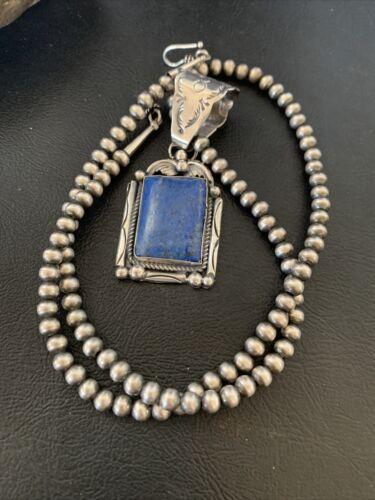 Navajo Denim Lapis Necklace with Pendant | Sterling Silver Pearls | Authentic Native American Handmade | 12438