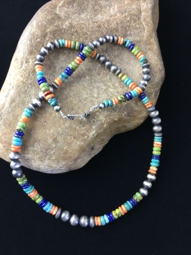 Navajo Orange Spiny Oyster Necklace | Sterling Silver Pearls | 21" | Authentic Native American Handmade | 1763