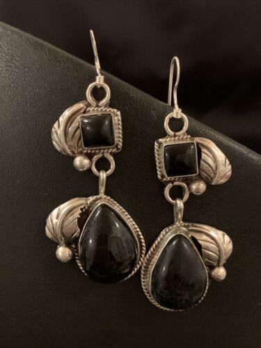Southwestern Navajo Black Onyx Dangle Earrings | Sterling Silver | 1.5" | 1531