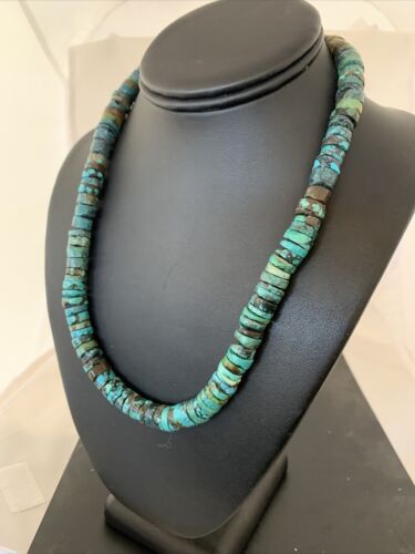 Native American Blue Green Turquoise Heishi Necklace | 9mm | Sterling Silver | 20" | 876
