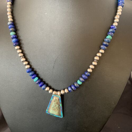 Navajo Men's Pendant | Blue Lapis Turquoise Opal Inlay | Sterling Silver Necklace | 22" | 13356