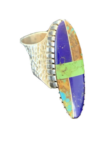 Navajo Multi-Color Lapis & Turquoise Inlay Ring | Sterling Silver | Sz 7 | Authentic Native American Handmade | 1578