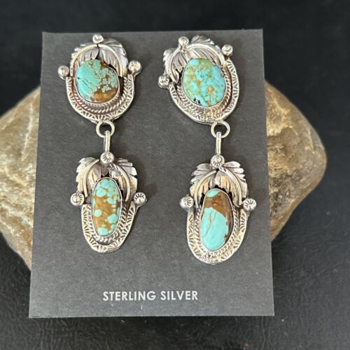 Navajo Blue #8 Turquoise Dangle Earrings | Sterling Silver | Authentic Native American Handmade | 14339