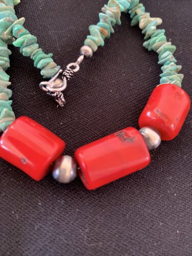 Native American Navajo Men's Necklace | Sterling Silver Turquoise Coral | 21" | 00881