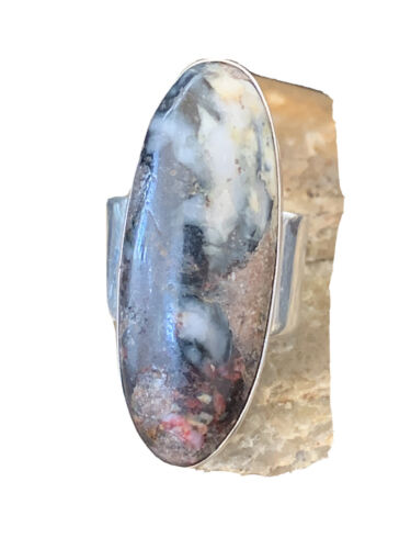 Navajo Men's White Black Cinnabrite Ring | Sterling Silver | Sz 8.5 | Authentic Native American Handmade | 01552