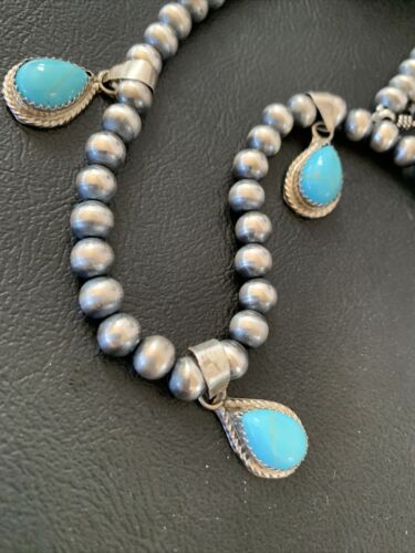 Navajo Handmade Sterling Silver Turquoise Necklace | 3 Teardrop Pendants | Authentic Native American | 1952