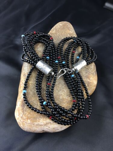 Navajo Black Onyx Coral Turquoise Bead Necklace | Sterling Silver | 18" | Authentic Native American Handmade | 10171