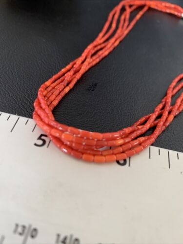 Natural Red Coral Rice Heishi Beads Necklace | 5 Strand | Sterling Silver | 20" | 12927