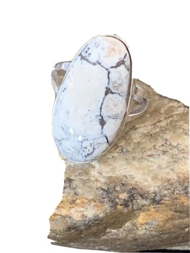 Navajo White Buffalo Turquoise Ring | Sterling Silver | Sz 8 | Authentic Native American Handmade | 01700