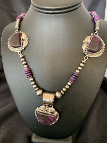 Navajo Pearls Sterling Silver Purple Sugilite Bead Necklace with 3 Pendants | 10869