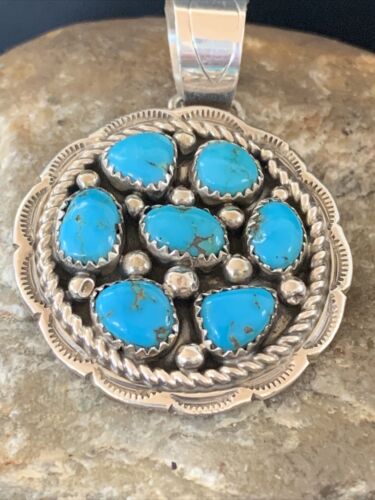 Navajo Blue Kingman Turquoise Cluster Pendant | Authentic Native American Sterling Silver | Multi-Stone | 2" | 02095
