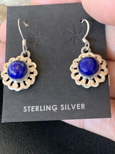Navajo Flower Blue Lapis Lazuli Dangle Drop Earrings | Sterling Silver | 0.50" | 12711